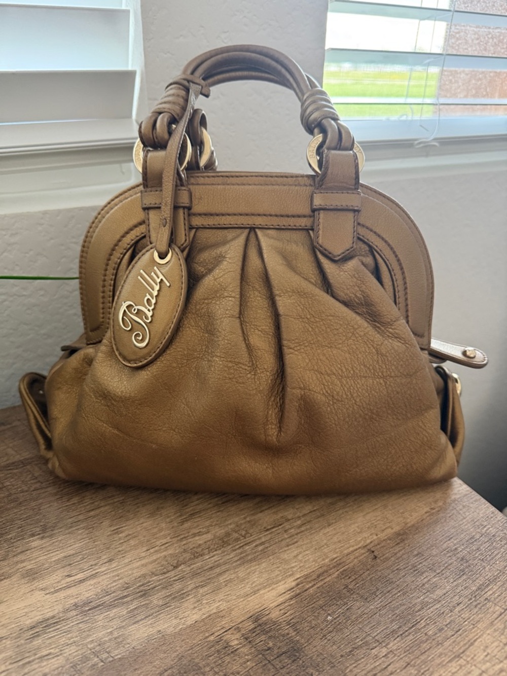 Bally Gold/Bronze Leather Pleated Satchel with Gold Charm